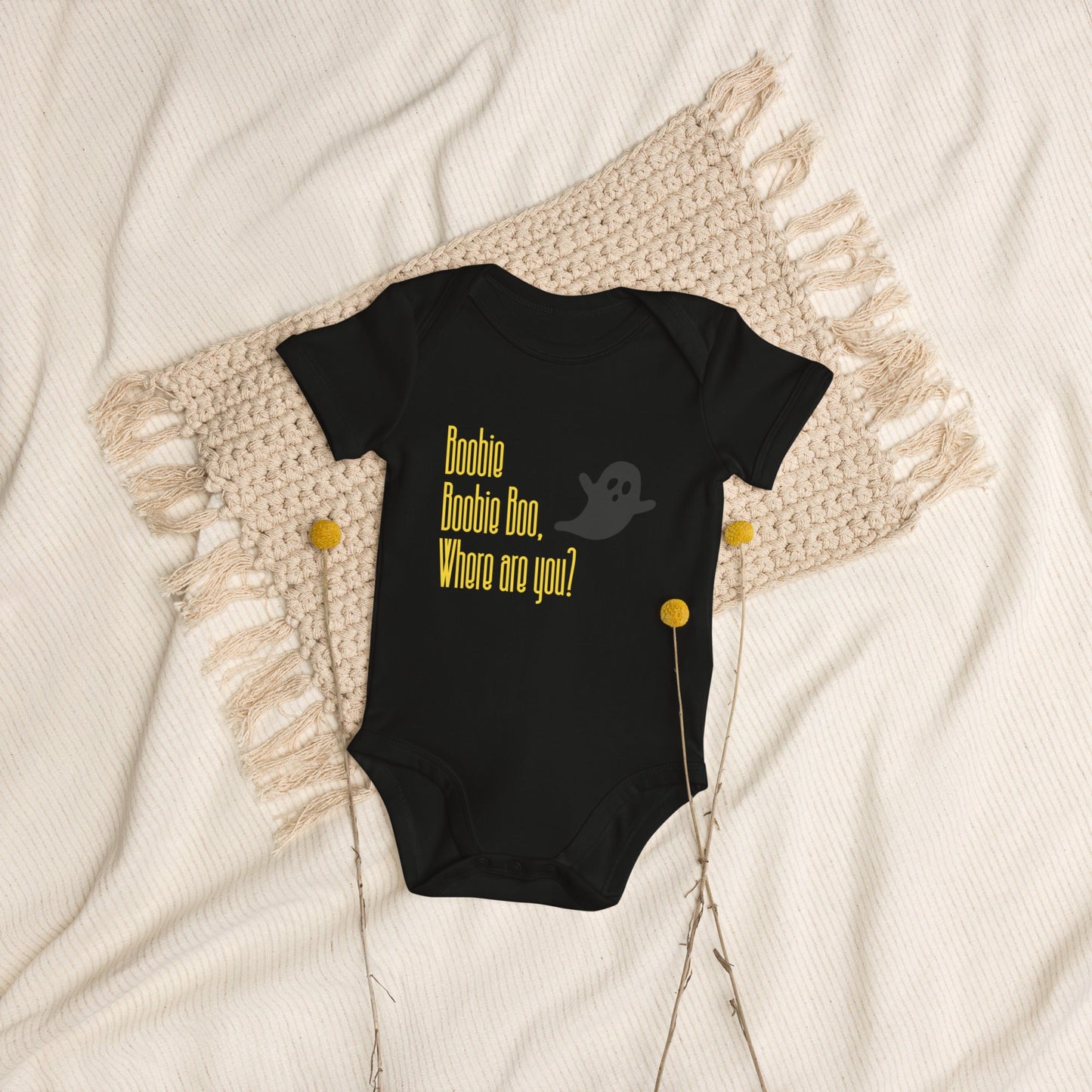 Boobie Boobie Boo, where are you? organic-cotton-baby-onesie-black on a beige background