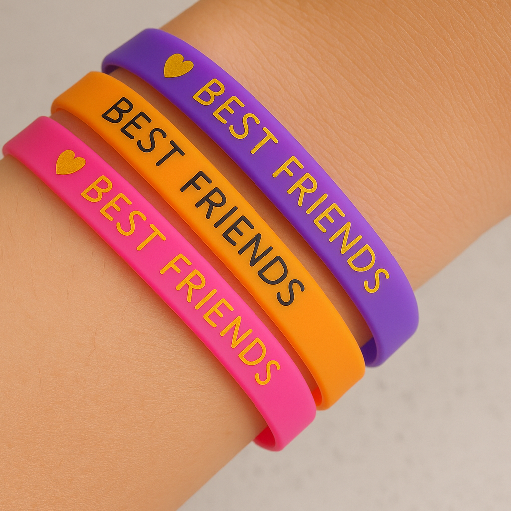 An image of a wrist with a series o f rubber best friends bracelets