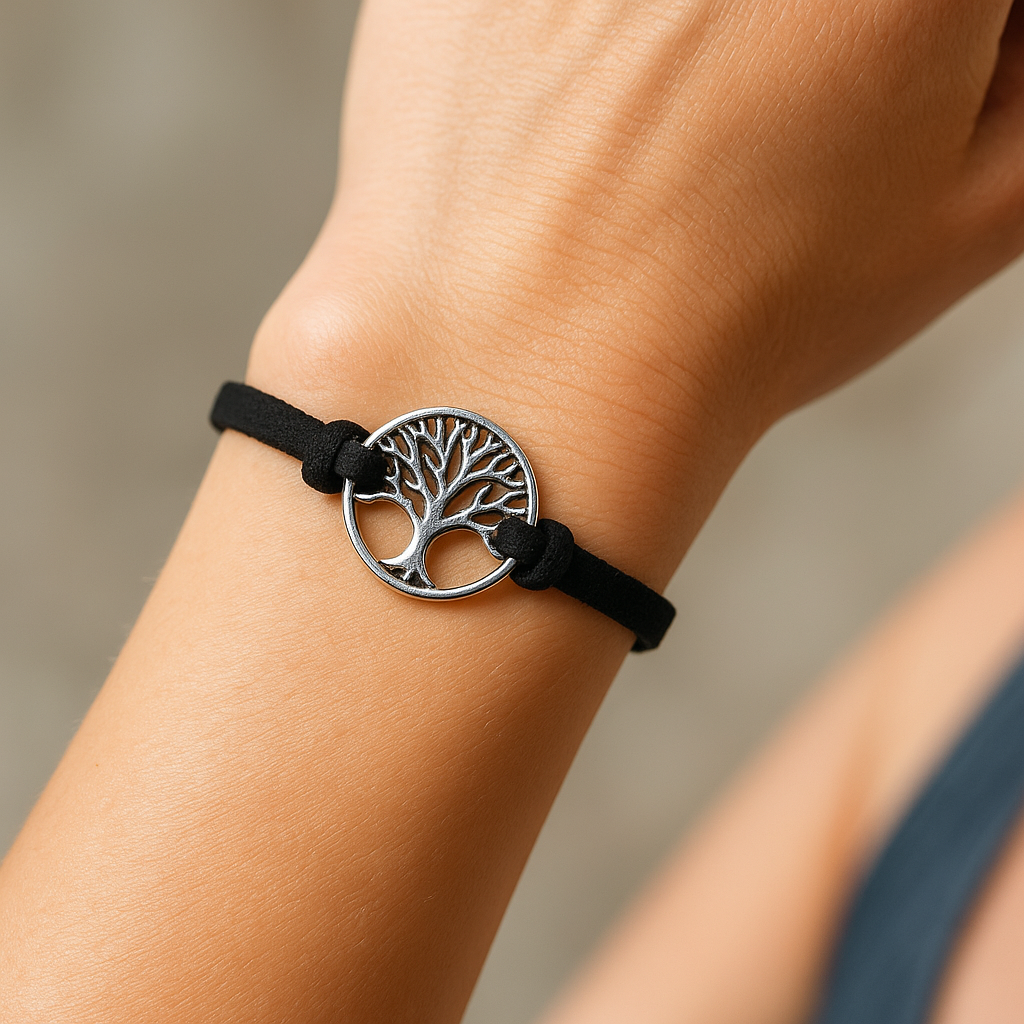 Black bracelet with a silver tree-of-life charm on a wrist against a neutral background