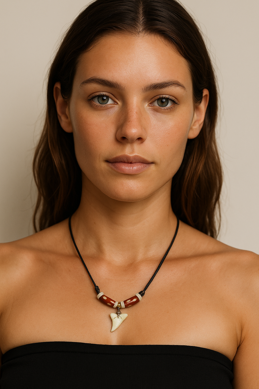 Woman wearing a black strapless top and a necklace with a shark tooth pendant against a neutral background