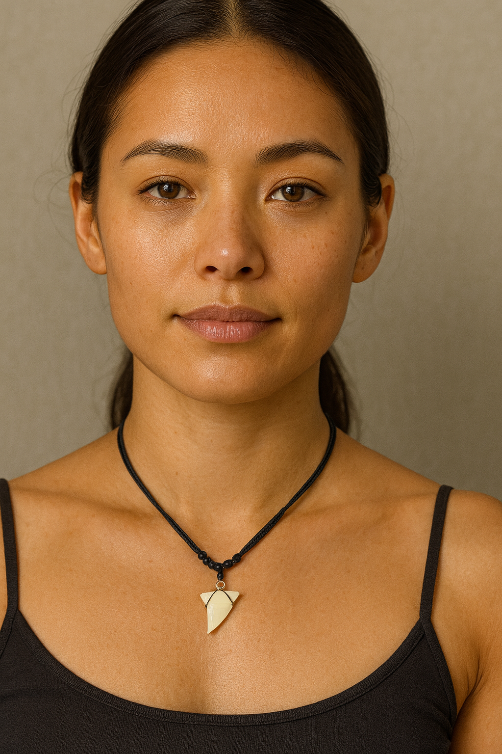 Woman wearing a black tank top and a necklace with a triangle pendant against a neutral background