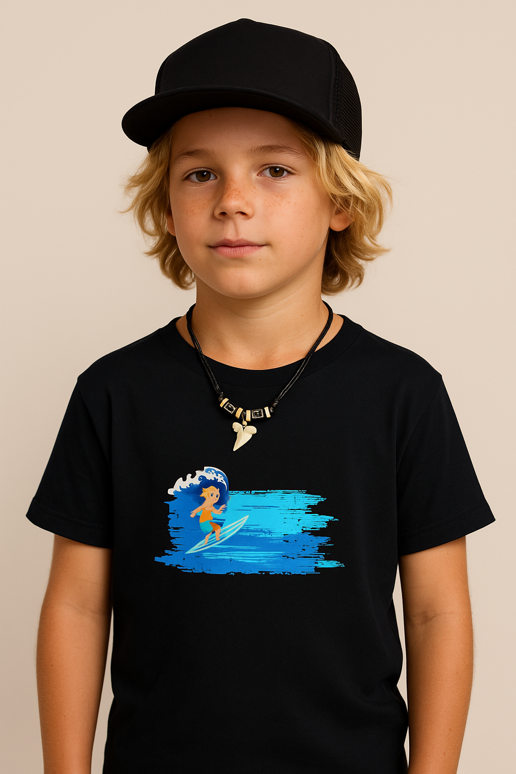 Child wearing a black t-shirt with a surf graphic design and a shark tooth necklace on a beige background