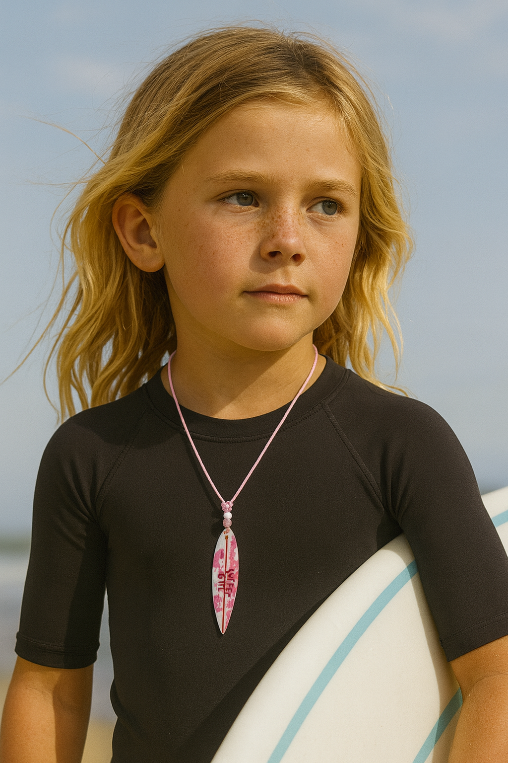 Young girl holding a surfboard with a necklace, standing against a clear sky.