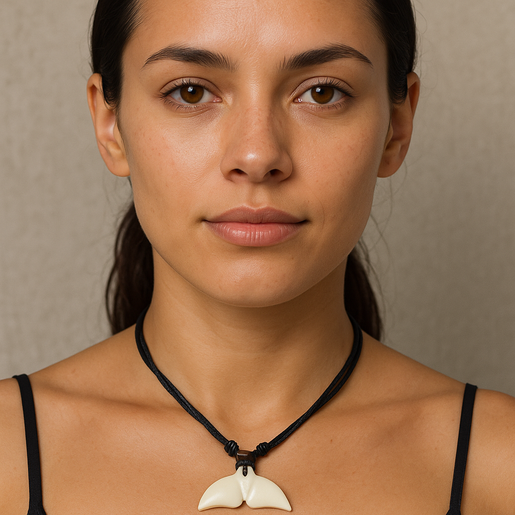 Woman wearing a whale tail necklace with a white pendant against a neutral background
