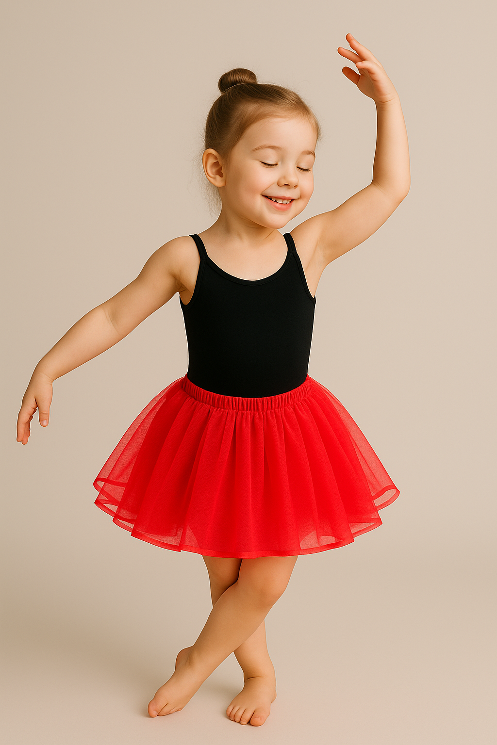 Young girl in a black leotard and red tutu dancing on a beige background