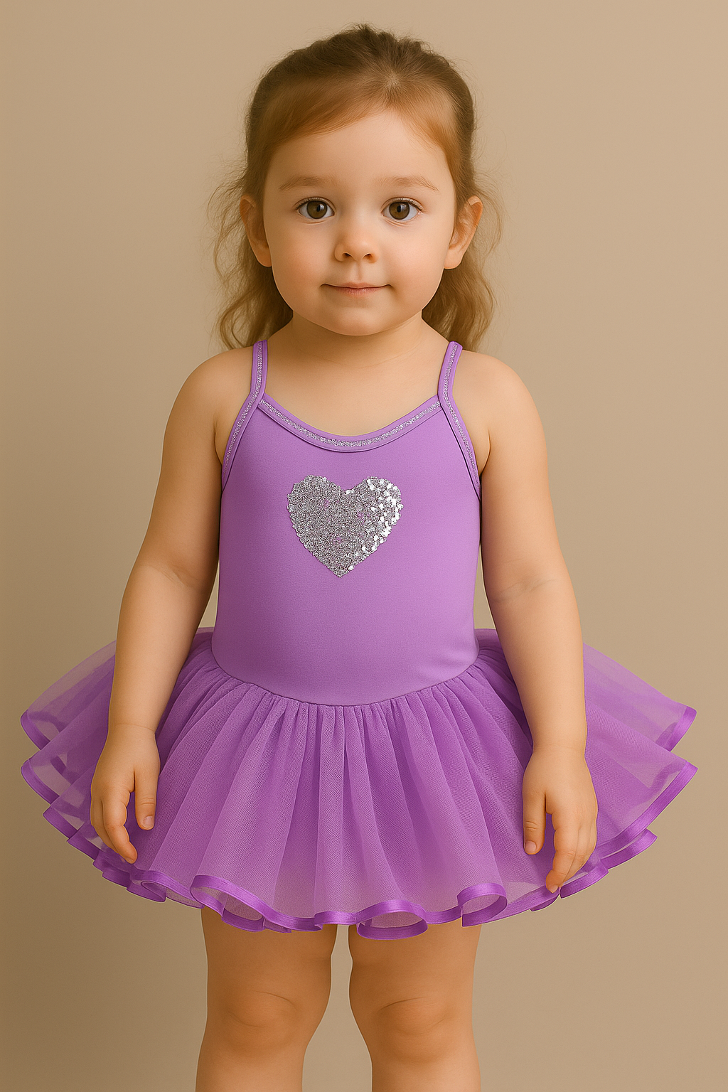 Lilac tutu with a silver heart on a mannequin against a beige background