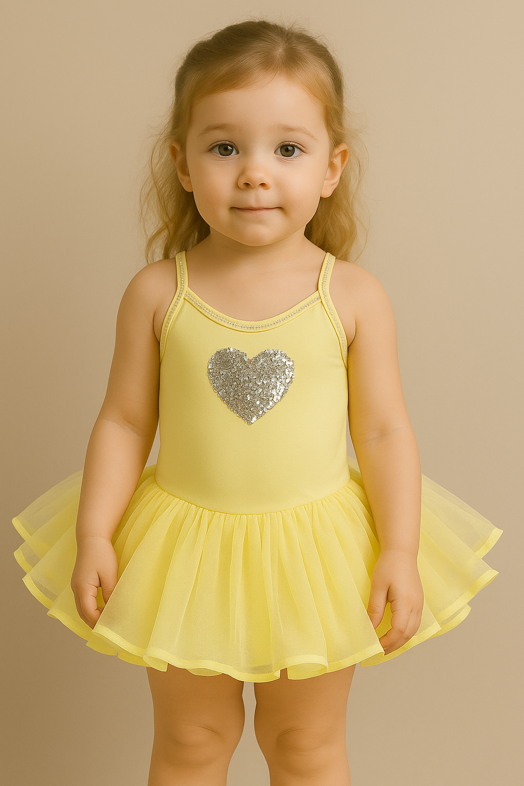 Pastel Yellow tutu with a silver heart on a mannequin against a beige background
