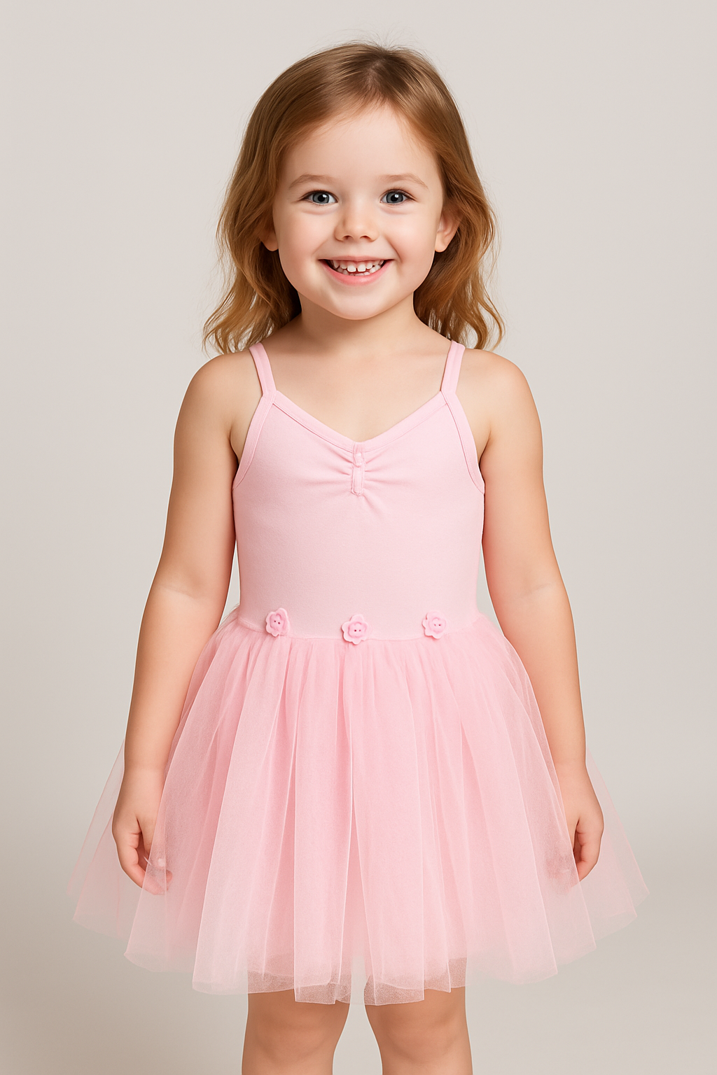 Young girl wearing a long pink tutu dress against a plain background
