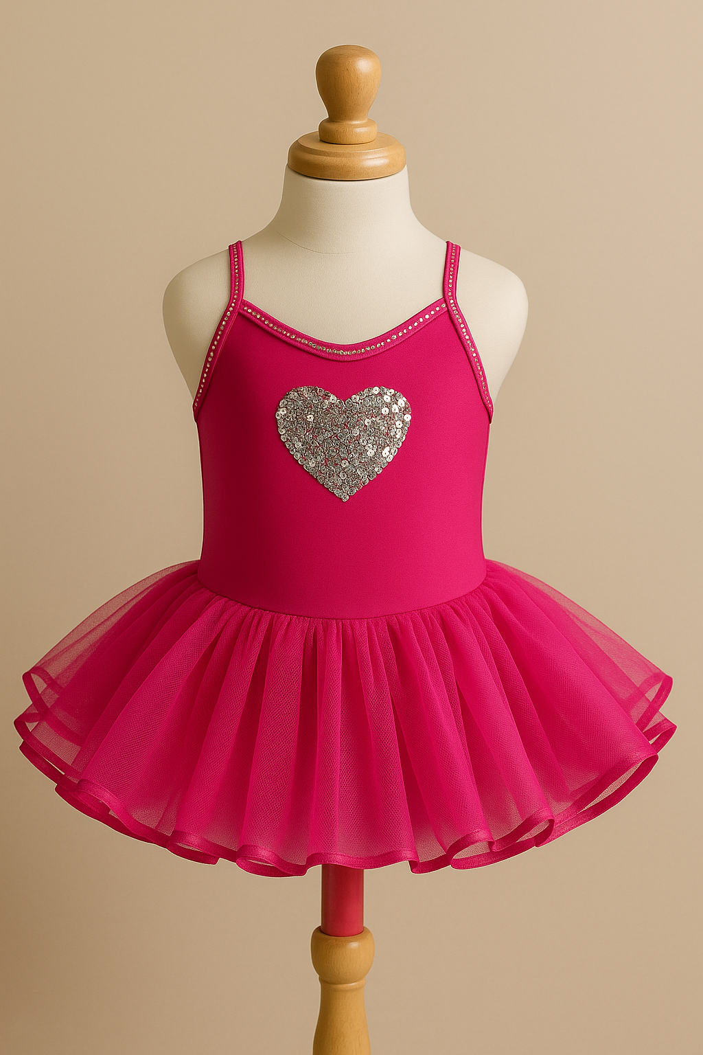 Dark pink tutu with a silver heart on a mannequin against a beige background