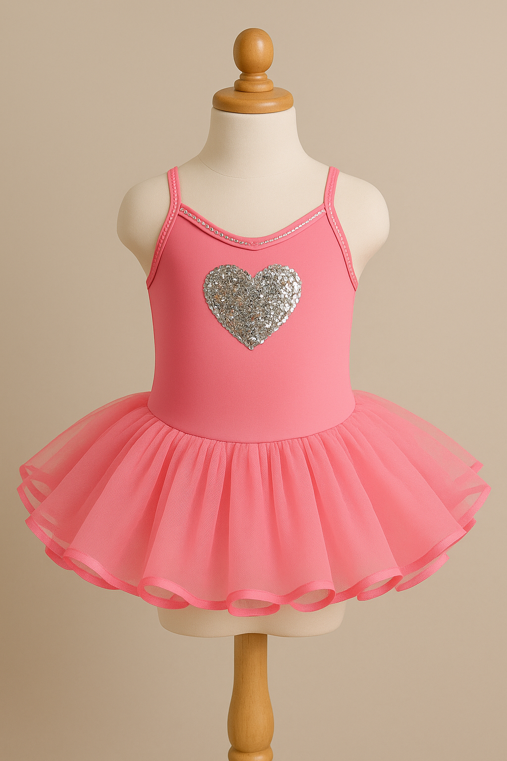 Flamingo pink tutu with a silver heart on a mannequin against a beige background