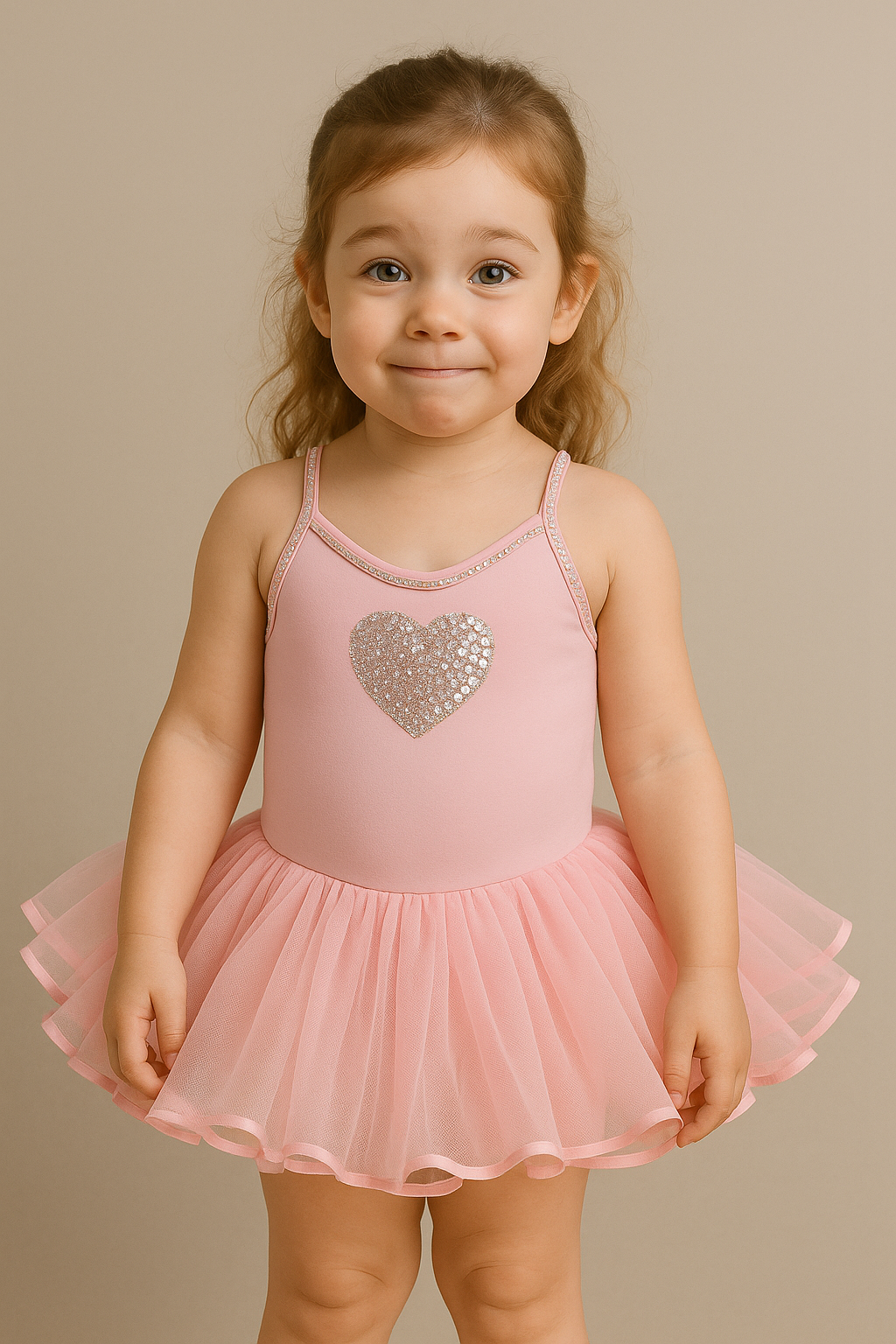 Light pink tutu with a silver heart on a mannequin against a beige background