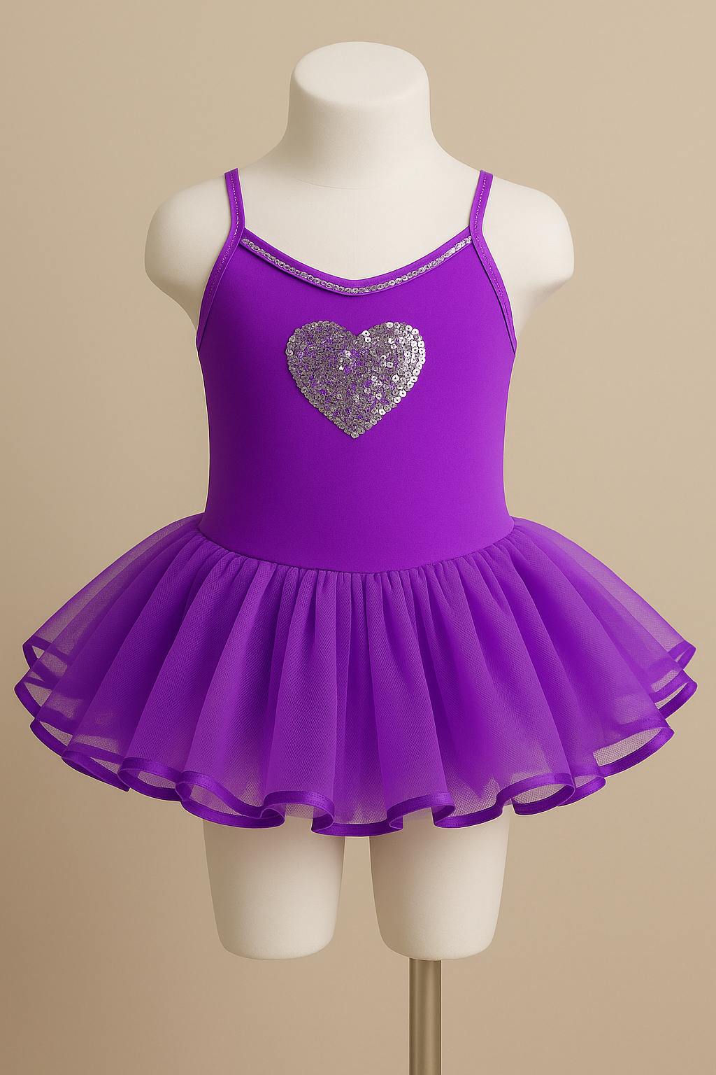 Purple tutu with a silver heart on a mannequin against a beige background