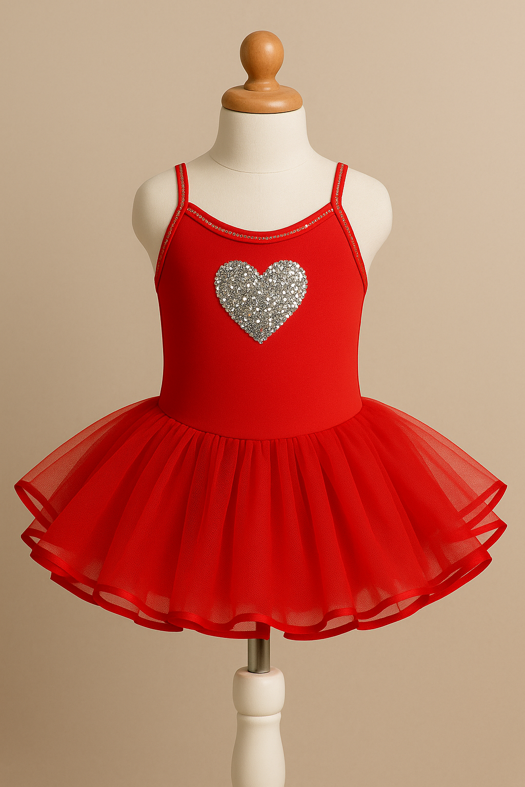 Red tutu with a silver heart on a mannequin against a beige background