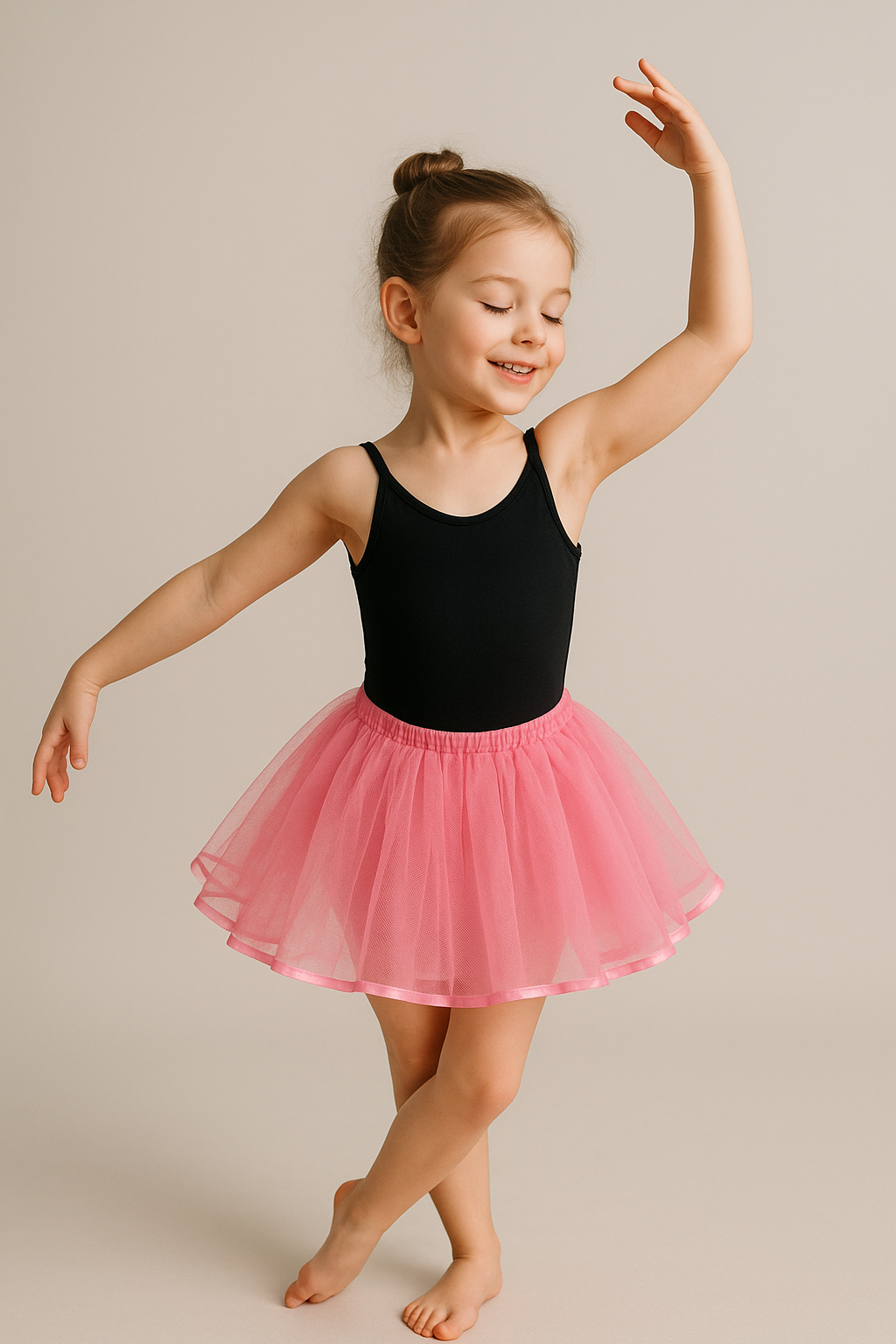 Young girl in a black leotard and flamigno tutu dancing on a beige background
