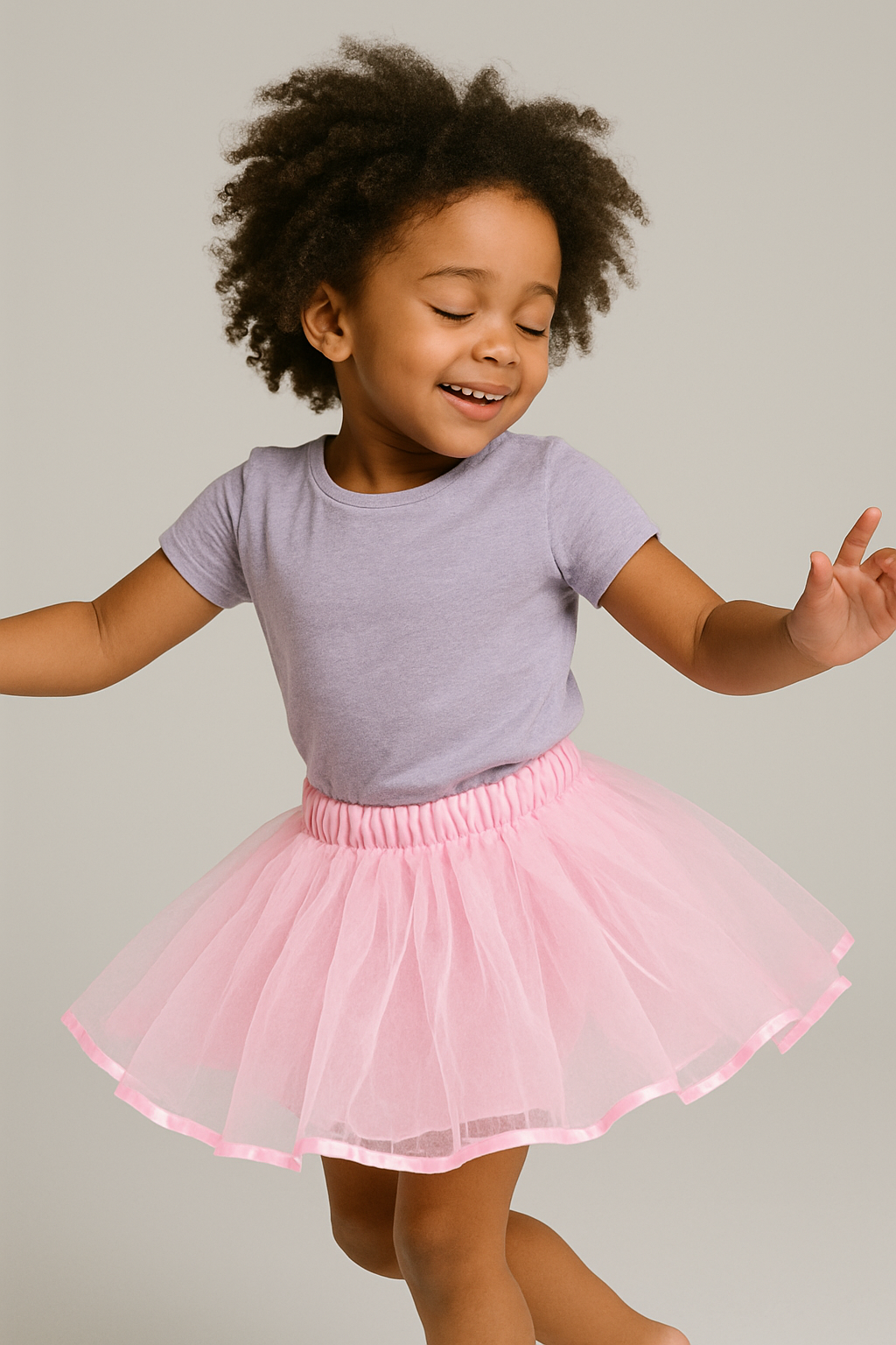 Young girl in a black leotard and light pink tutu dancing on a beige background