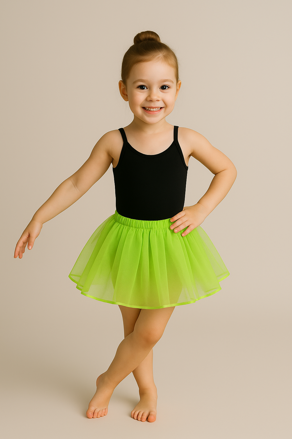 Young girl in a black leotard and green tutu dancing on a beige background