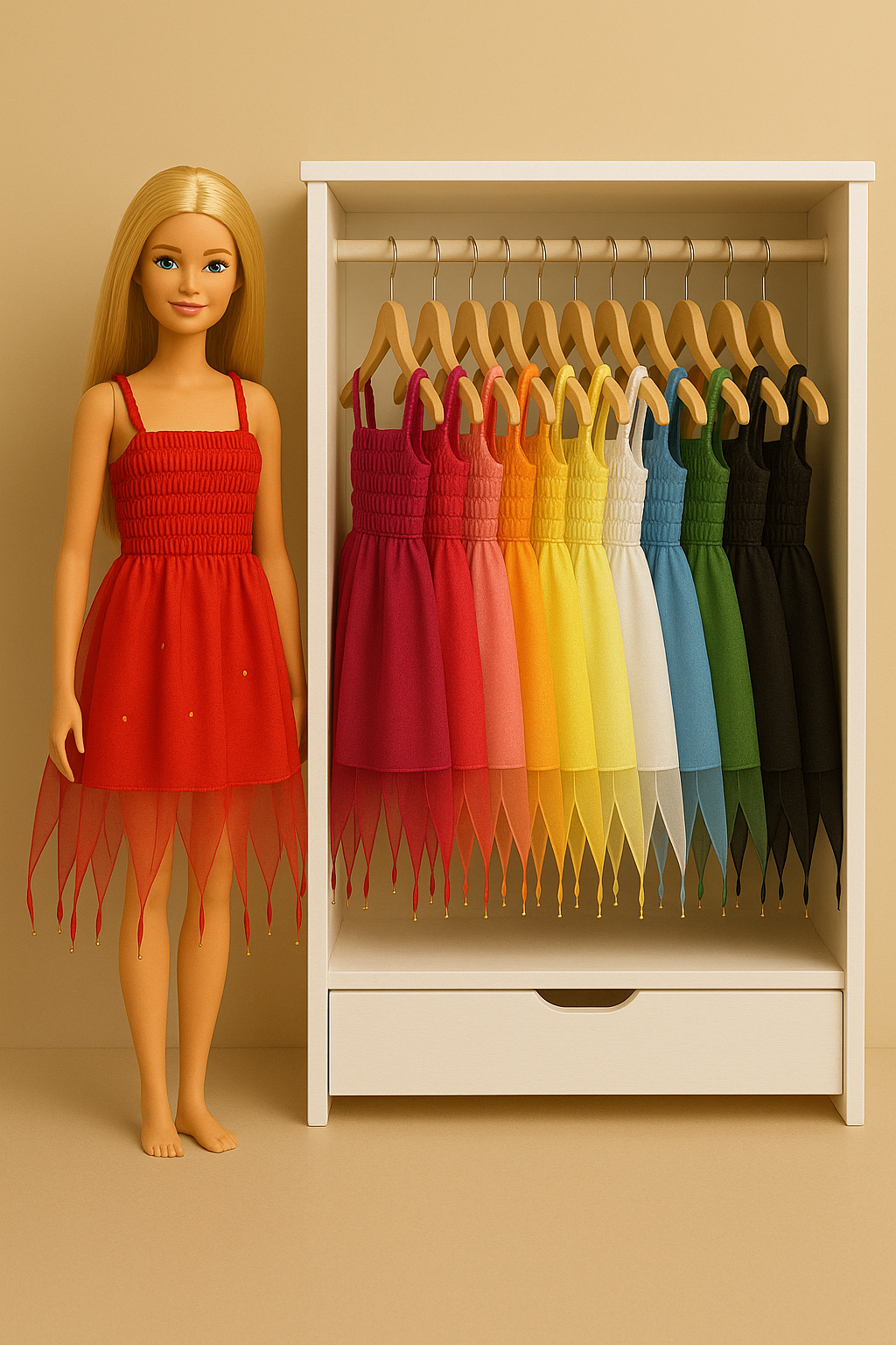 An image of Barbie in a fairy dress standing next to her wardrobe with a range of colourful dresses to choose from,