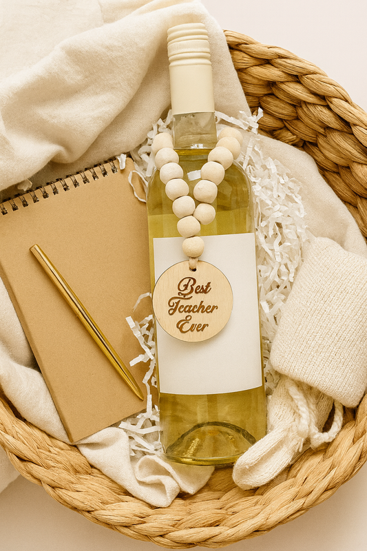 Wine bottle with 'Best Teacher Ever' tag in a woven basket with notebook and pen