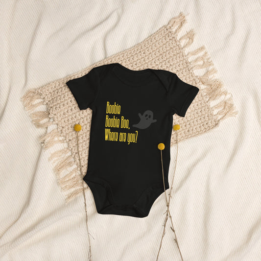 Boobie Boobie Boo, where are you? organic-cotton-baby-onesie-black on a beige background