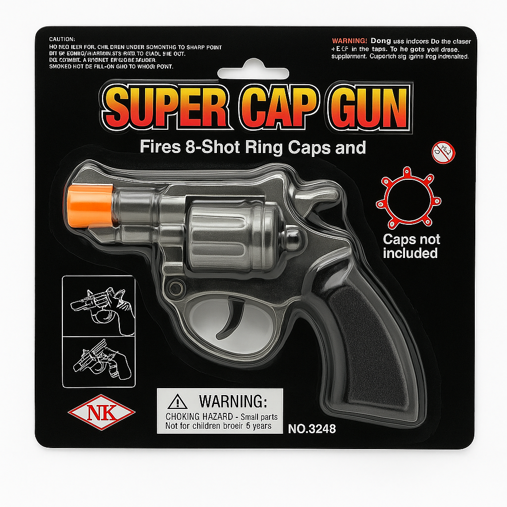 Super Cap Gun packaging with warning labels and product illustration on a black background