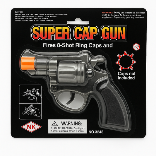 Super Cap Gun packaging with warning labels and product illustration on a black background