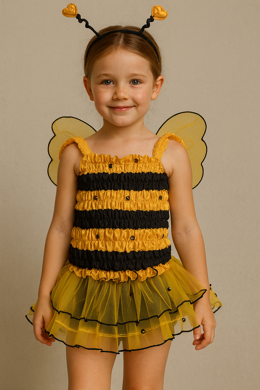 Child wearing a bee costume with yellow and black outfit, wings, and antennae on a beige background