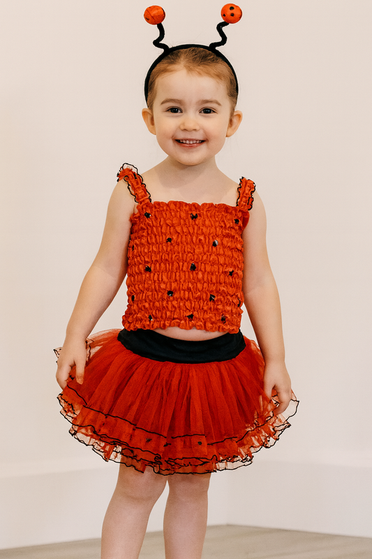 A young child wearing a lady bird costume