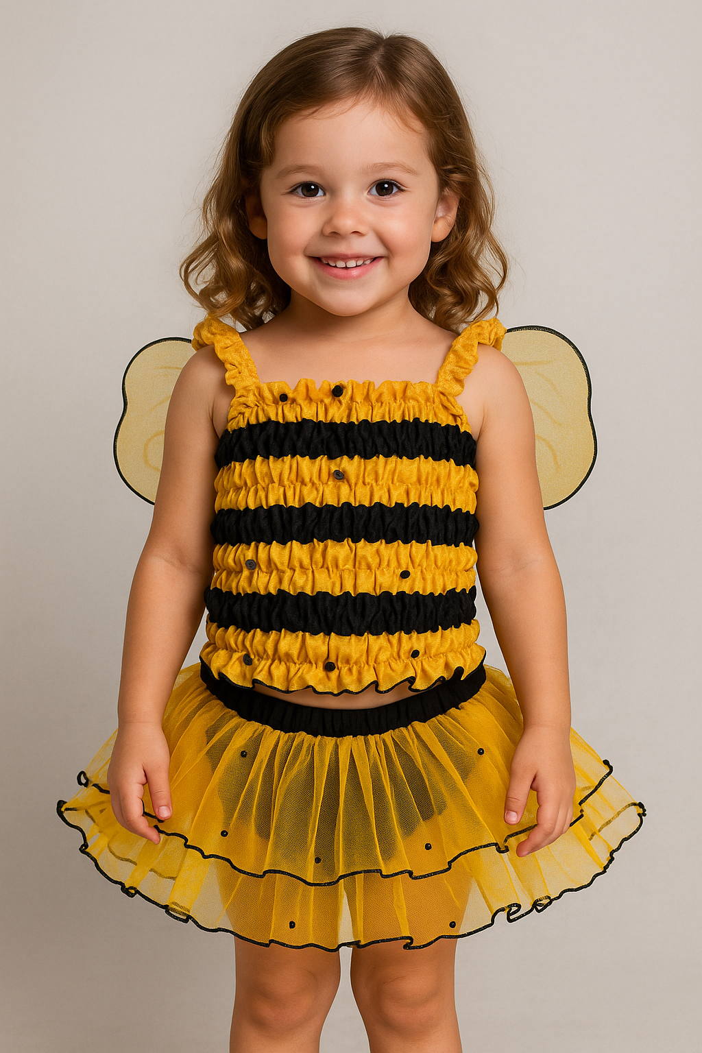 An image of a young girl in a 2 piece buzzy bee costume