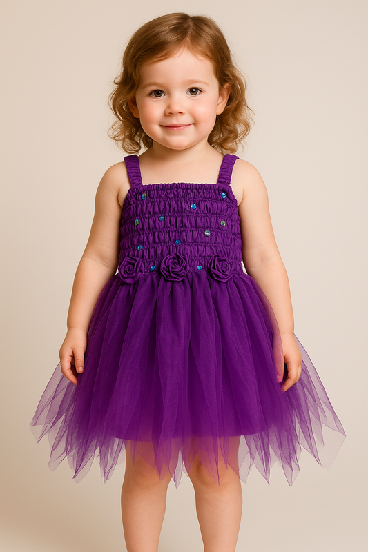 Young girl wearing a yellow purple  dress with floral details on a beige background