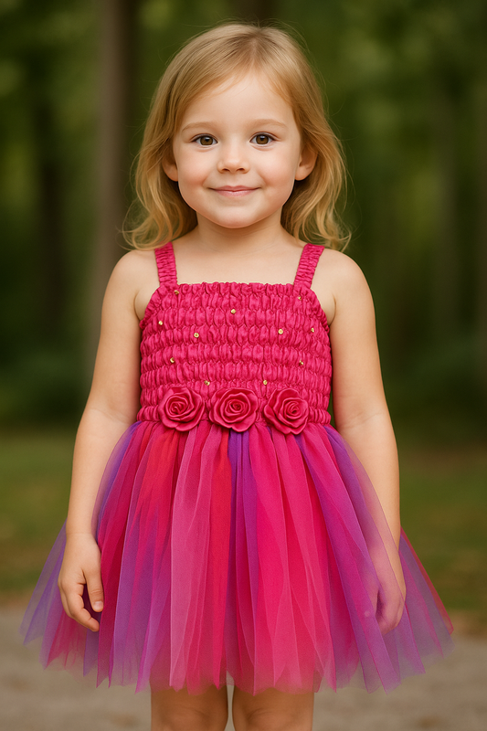 Young girl wearing a pink fairy dress with floral details and a tutu skirt outdoors.