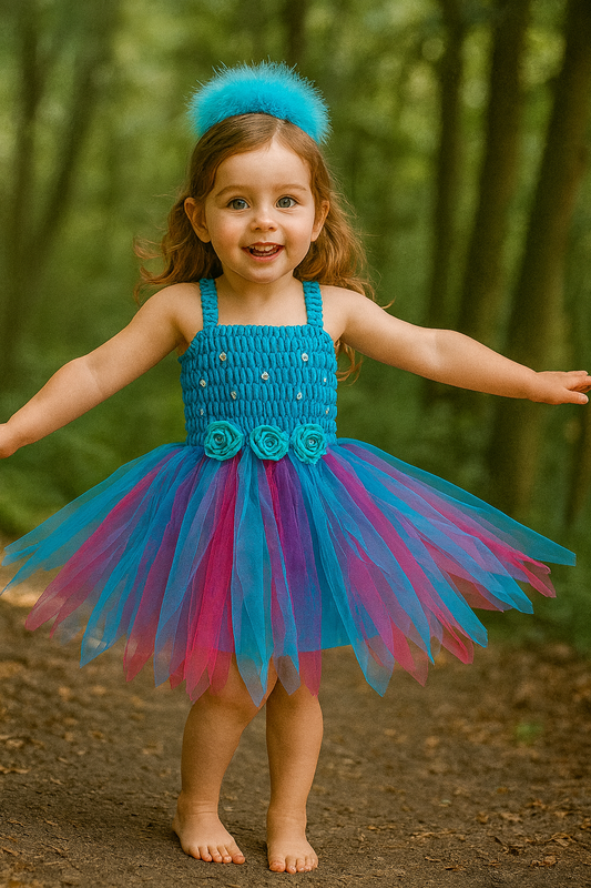 Young girl in an aqua fairy dress with a blue and pink tutu skirt standing in a forest.