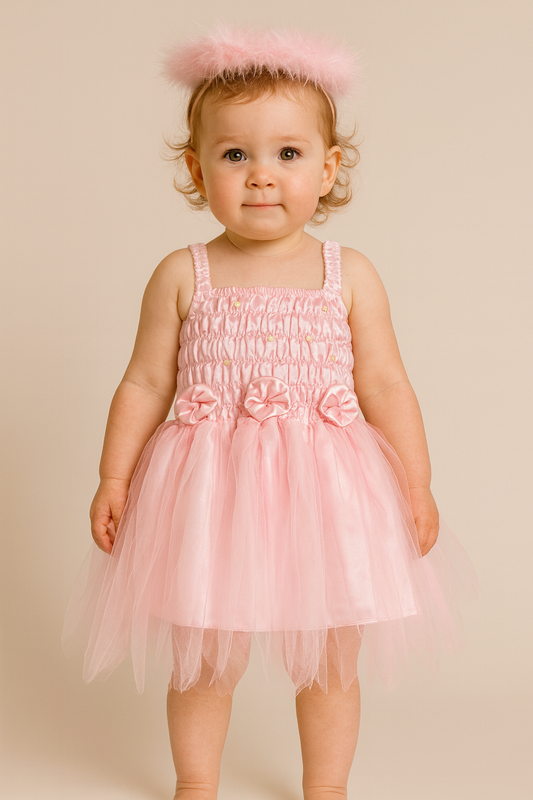 Young girl wearing a light pink fairy dress with floral details on a beige background
