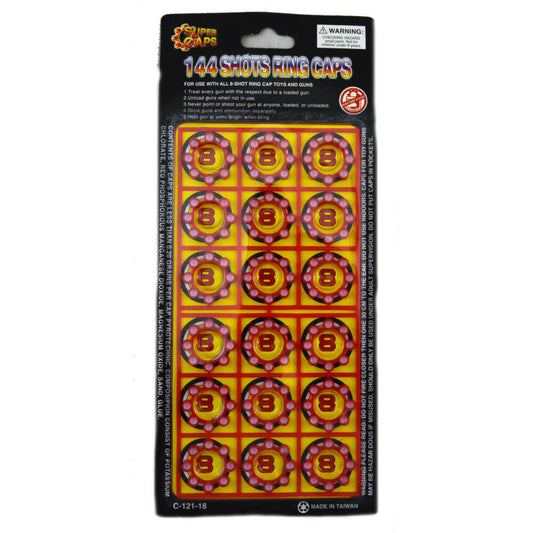 Pack of 144 shots ring caps with a yellow and red design on a white background