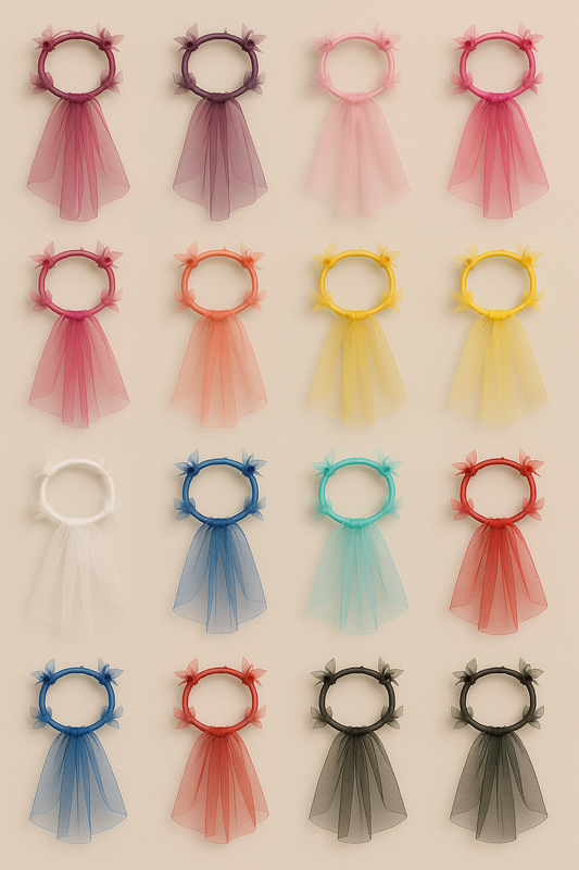 Set of colourful halo with tulle veil on a beige background
