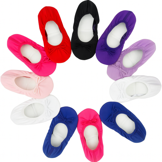Set of colorful ballet slippers arranged in a circular pattern on a white background