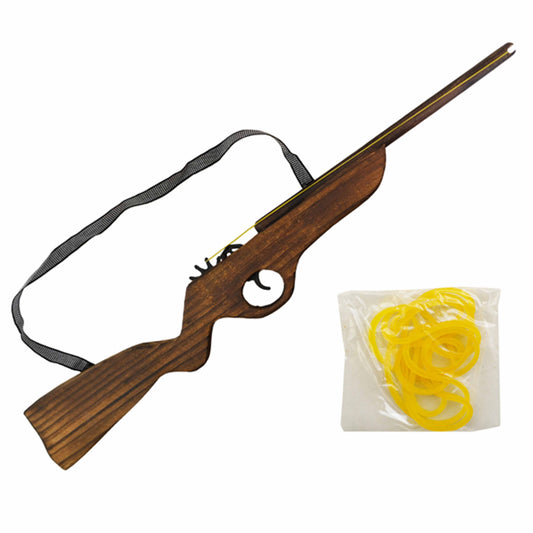 Wooden air rifle with yellow rubber bands on a white background