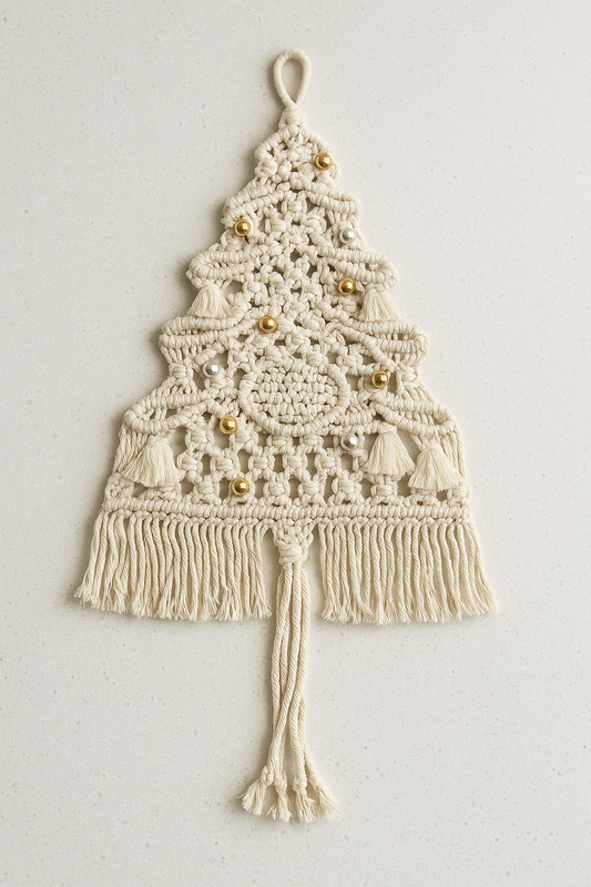 Macrame wall hanging in the shape of a Christmas tree with gold beads on a light gray background
