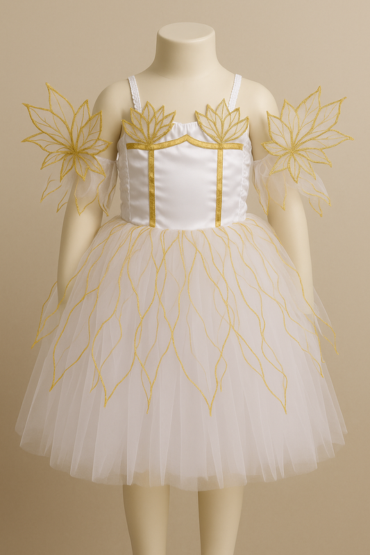 White Princess fairy dress with gold floral patterns on a mannequin against a beige background