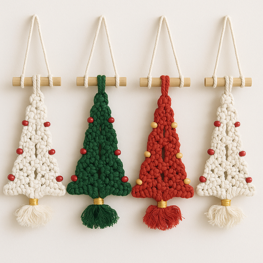 Four macrame Christmas tree ornaments in red, green, and white hanging on a wooden rod against a white background.