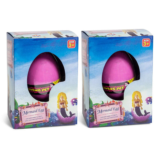 Two boxes of Mermaid Egg toys with pink eggs and mermaid illustrations on a white background.