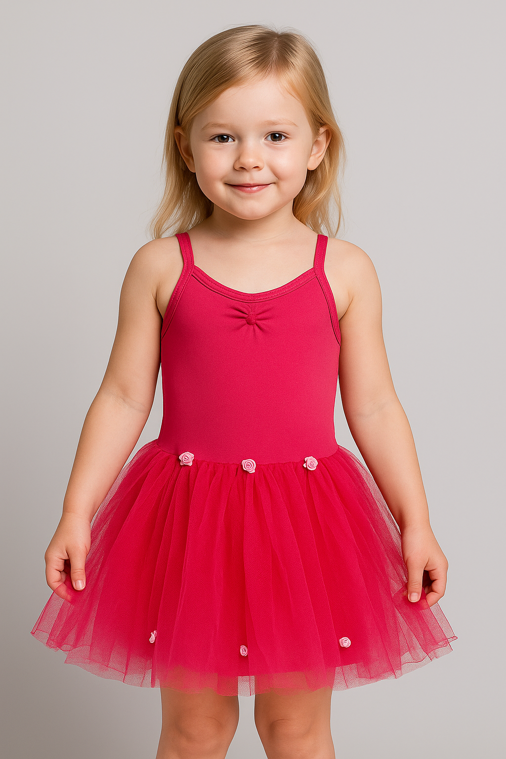 Young girl wearing a dark pink long tutu dress on a plain background