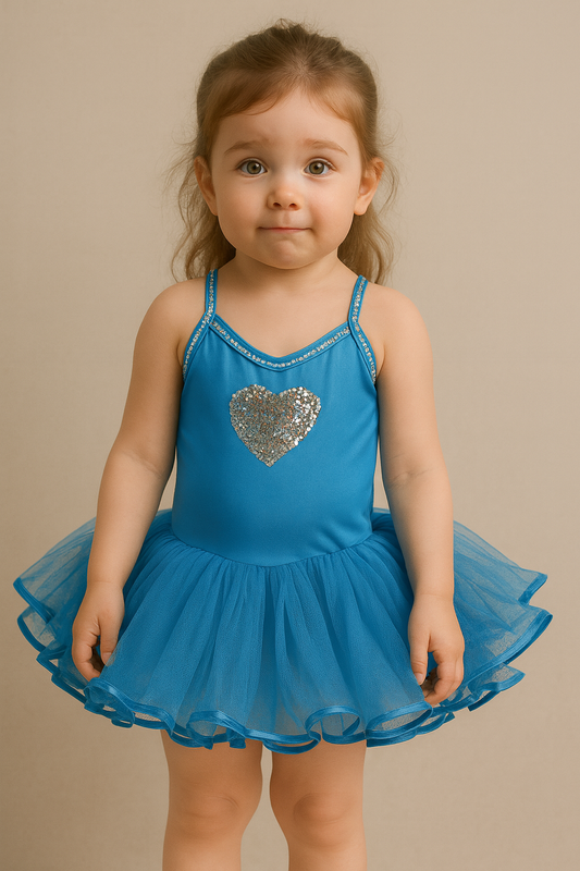 Blue tutu with a silver heart on a mannequin against a beige background