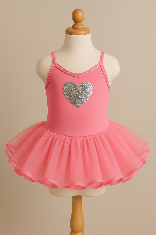 Flamingo pink tutu with a silver heart on a mannequin against a beige background