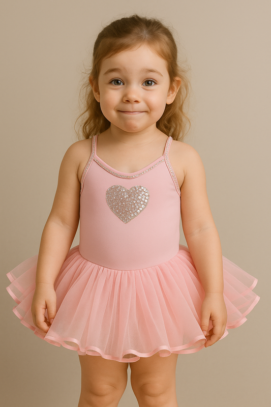 Light pink tutu with a silver heart on a mannequin against a beige background